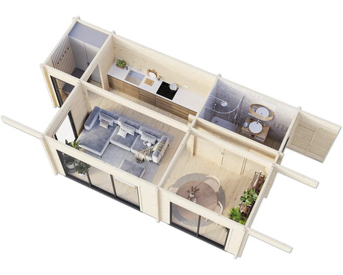 Grundriss eines Holzhauses mit Wohnzimmer, Küche, Bad und Essbereich