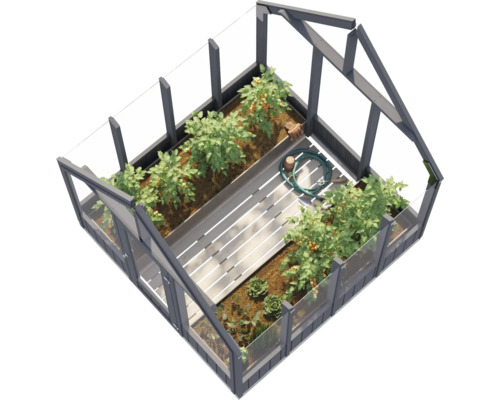 Gewächshaus mit Pflanzen und Gartenzubehör