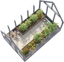 Gewächshaus mit Gemüsebeeten, Tisch und Stühlen