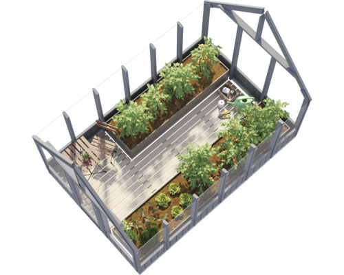 Gewächshaus mit Gemüsebeeten, Tisch und Stühlen