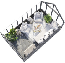 Innenraumszene mit Sitzgruppe, Tisch und Pflanzen im Gewächshaus