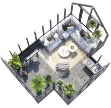 Draufsicht eines Wintergartens mit Möbeln und Pflanzen