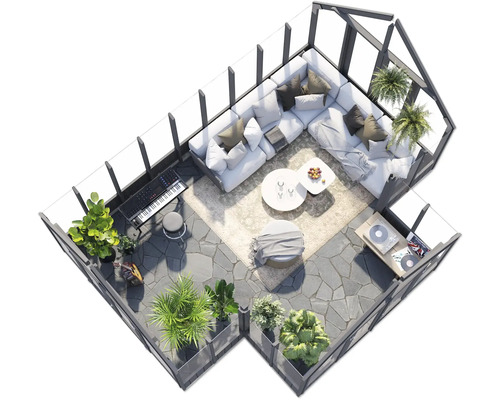 Draufsicht eines Wintergartens mit Möbeln und Pflanzen