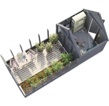 Draufsicht eines Gewächshauses mit Pflanzen, Gartenmöbeln und Gartengeräten.