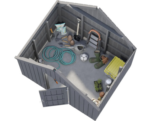 Innenansicht eines Gartenschuppens mit Gartengeräten und Zubehör