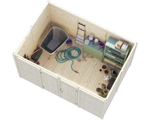 Holzgartenhaus mit Schubkarre, Gartenschlauch und Gartengeräten