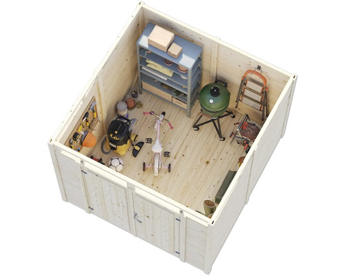 Innenansicht eines Gartenhauses mit Regalen, Grill, Werkzeugen und Kinderrad