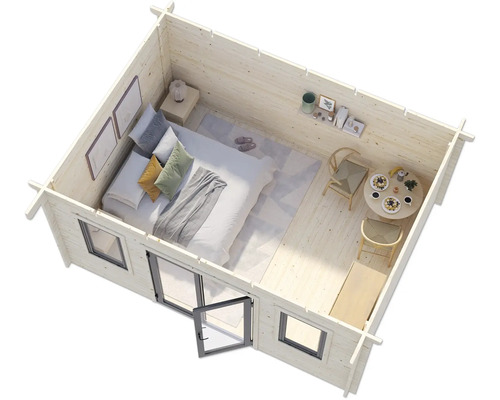 Innenansicht eines Gartenhauses mit Bett und Sitzbereich