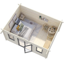 Innenansicht eines Holzgartenhauses mit Schlafzimmer- und Essbereich.