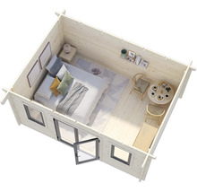 Innenansicht eines Gartenhauses mit Schlafzimmer und Sitzecke