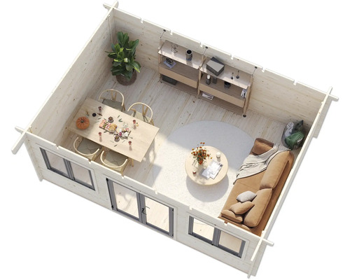 Innenansicht eines Holzhauses mit Esstisch, Stühlen, Sofa und Regalen.