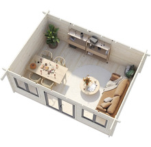 Innenansicht eines Holzhauses mit Essbereich, Sitzecke und Regalen