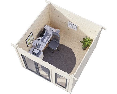 Holzgartenhaus mit Büroeinrichtung, inklusive Schreibtisch, Bürostuhl und Pflanze