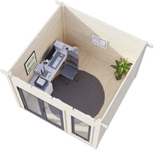 Holzgartenhaus mit Büroeinrichtung, inklusive Schreibtisch, Bürostuhl und Computer