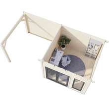 Illustration eines Gartenhauses mit Büromöbeln, Pflanze, Teppich und Regal von oben.