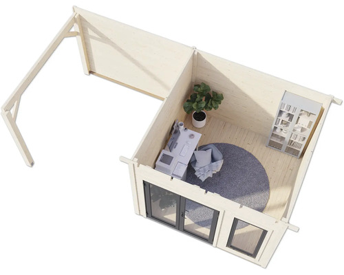 Draufsicht eines Gartenhauses mit Büroeinrichtung, inklusive Schreibtisch, Stuhl, Regal und Pflanze