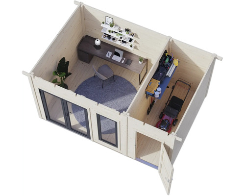 Holzgartenhaus Innenansicht mit Büro und Gartengeräten