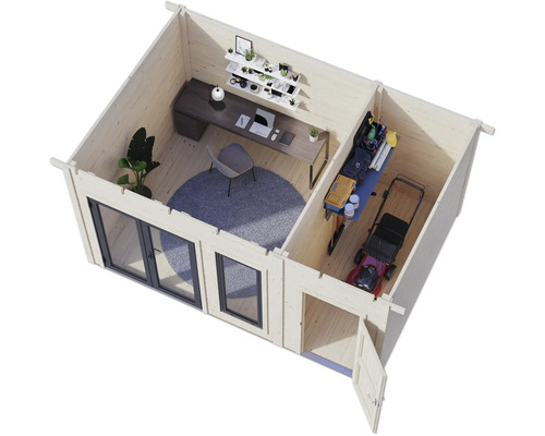 Innenansicht eines Gartenhauses mit Bürobereich und Lagerraum.