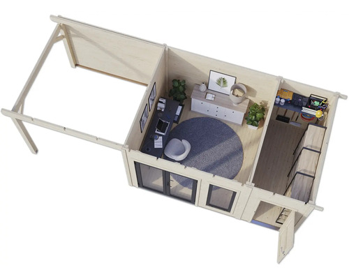 Innenansicht eines Gartenhauses mit Büroausstattung, Schreibtisch und Regalen.