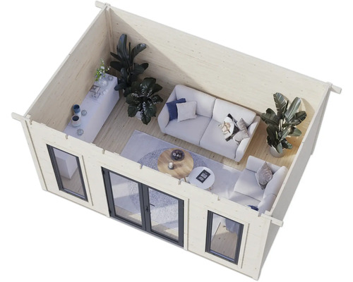 Innenansicht eines hellen Gartenhauses mit Fenstern und Doppeltür, ausgestattet mit Sofa, Sesseln und Pflanzen.