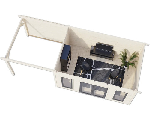 Illustration eines Holzgartenhauses mit Fenstern, Möbeln und Dekoration