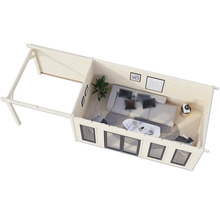 Innenansicht eines hellen Holzgartenhauses mit Möbeln und Fenstern