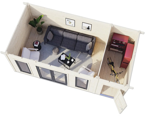 Draufsicht eines Blockhauses mit Möbeln, Dekoration und einem Fahrrad