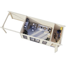 Draufsicht auf ein Gartenhaus mit Büro, Wohnbereich und Abstellraum.