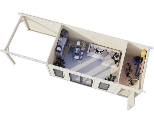 Draufsicht auf ein Gartenhaus mit Büro, Wohnbereich und Abstellraum.