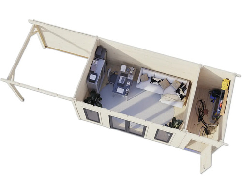 Draufsicht auf ein Holzgartenhaus mit Büro, Wohnbereich und Abstellraum.
