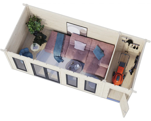 Draufsicht eines Gartenhauses mit Wohnbereich und Geräteschuppen