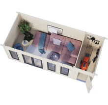 Innenansicht eines Gartenhauses mit Wohnbereich und Geräteschuppen