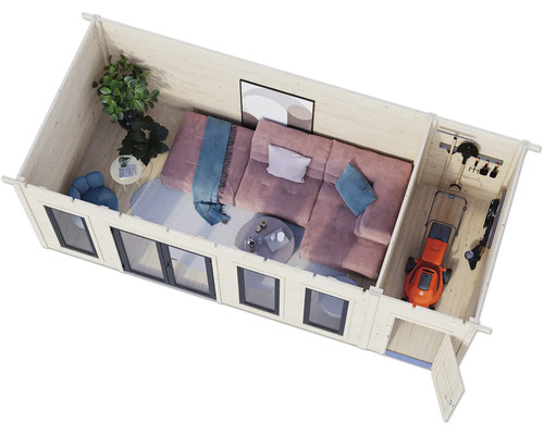 Übersicht eines modernen Gartenhauses mit Wohnbereich und Geräteschuppen