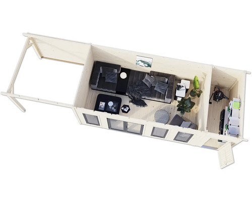 Draufsicht eines eingerichteten Gartenhauses mit Möbeln und Geräten