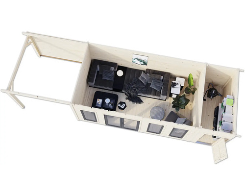 Draufsicht des Innenraums eines Holzhauses mit Wohnbereich und Stauraum