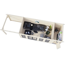 Draufsicht eines Holzhauses mit Wohnbereich und Stauraum