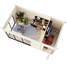 Innenansicht eines Holzgartenhauses mit Büromöbeln, Sitzgelegenheit und Rasenmäher