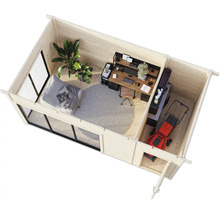 Innenansicht eines Gartenhauses mit Bürobereich, Wohnbereich und Rasenmäher