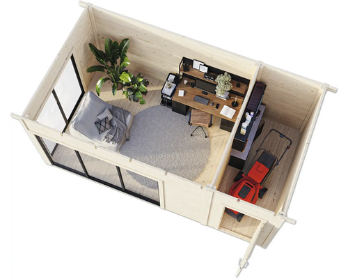 Innenansicht eines Holzgartenhauses mit Büromöbeln, Rasenmäher und Sitzecke