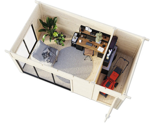 Holzgartenhaus mit Wohnbereich, Arbeitsbereich und Rasenmäher