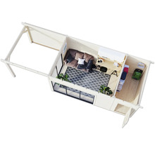 Ansicht von oben eines Gartenhauses mit Wohnbereich, Arbeitsbereich und Abstellraum