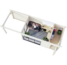 Ansicht von oben auf ein modernes Gartenhaus mit Terrasse, Wohnbereich, Arbeitsbereich und Stauraum