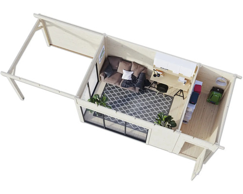 Draufsicht eines Holzgartenhauses mit Wohnbereich und Abstellraum.