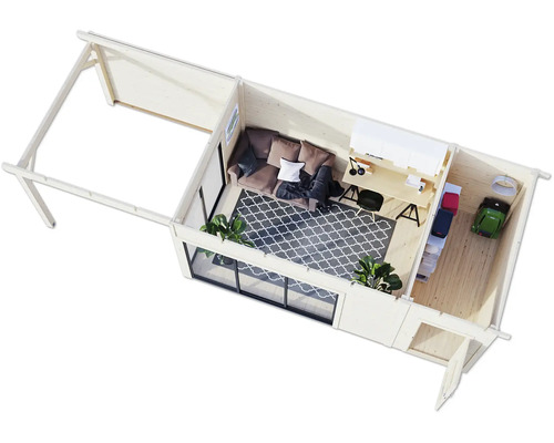 Ansicht von oben auf ein Gartenhaus mit Wohnbereich und Arbeitsplatz