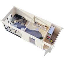 Draufsicht eines Gartenhauses mit Wohnzimmer, Büro und Abstellraum