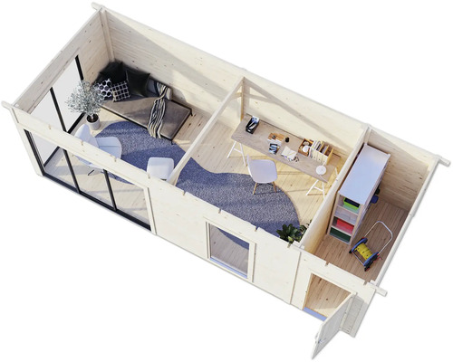 Draufsicht eines Gartenhauses mit Wohnbereich und Arbeitszimmer