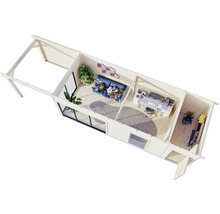 Draufsicht eines Gartenhauses mit Wohnbereich, Büro und Abstellraum.