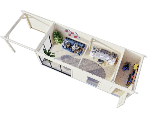 Draufsicht eines Gartenhauses mit Wohnbereich, Arbeitsbereich und Abstellraum.