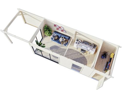 Draufsicht eines Holzhauses mit Wohnzimmer, Büro und Abstellraum