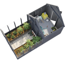 Abgeschnittene Ansicht eines Gewächshauses mit Pflanzenbeeten, Werkzeugen und Gartenzubehör.